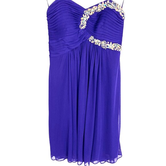 Blondie Nites Purple Chiffon Pleated Jeweled Strapless Cocktail Dress 3 Prom - Picture 1 of 12